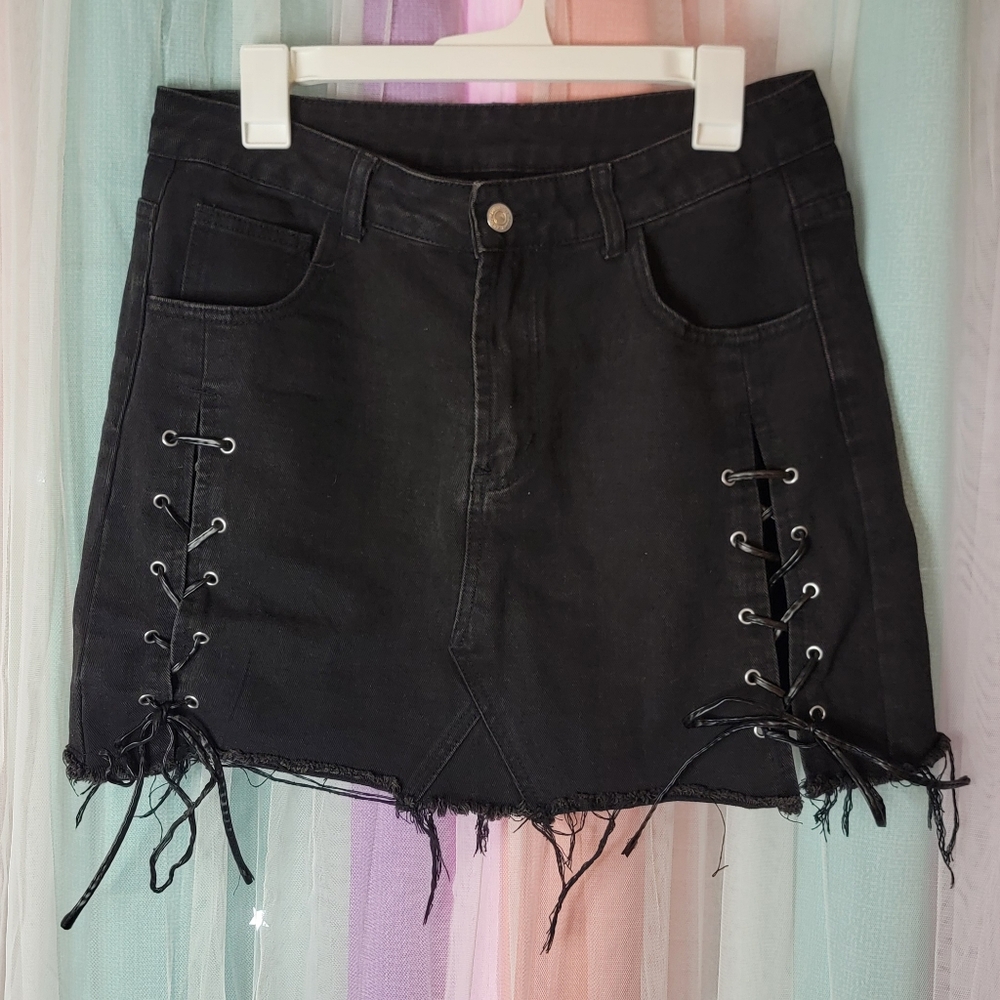 Lace front denim mini skirt